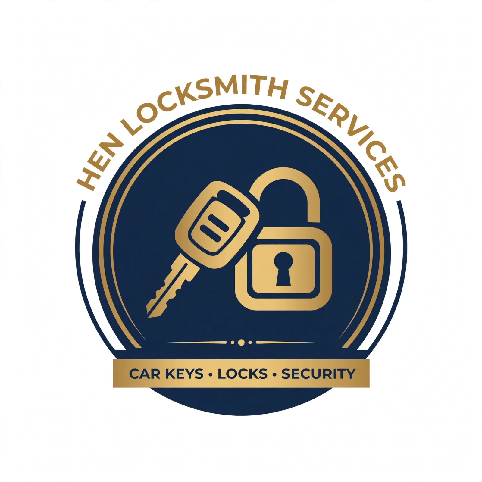 Hen Locksmith Services logo with a car key and open padlock